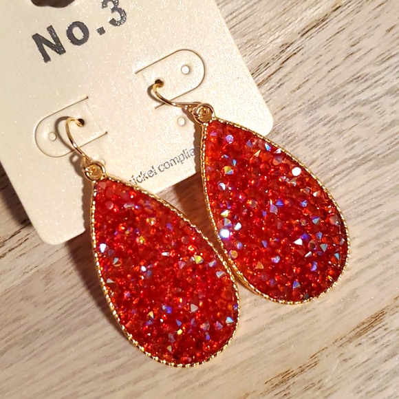boutique Jewelry - Red Aurora Borealis rhinestone Goldtone druzy earrings teardrop shaped